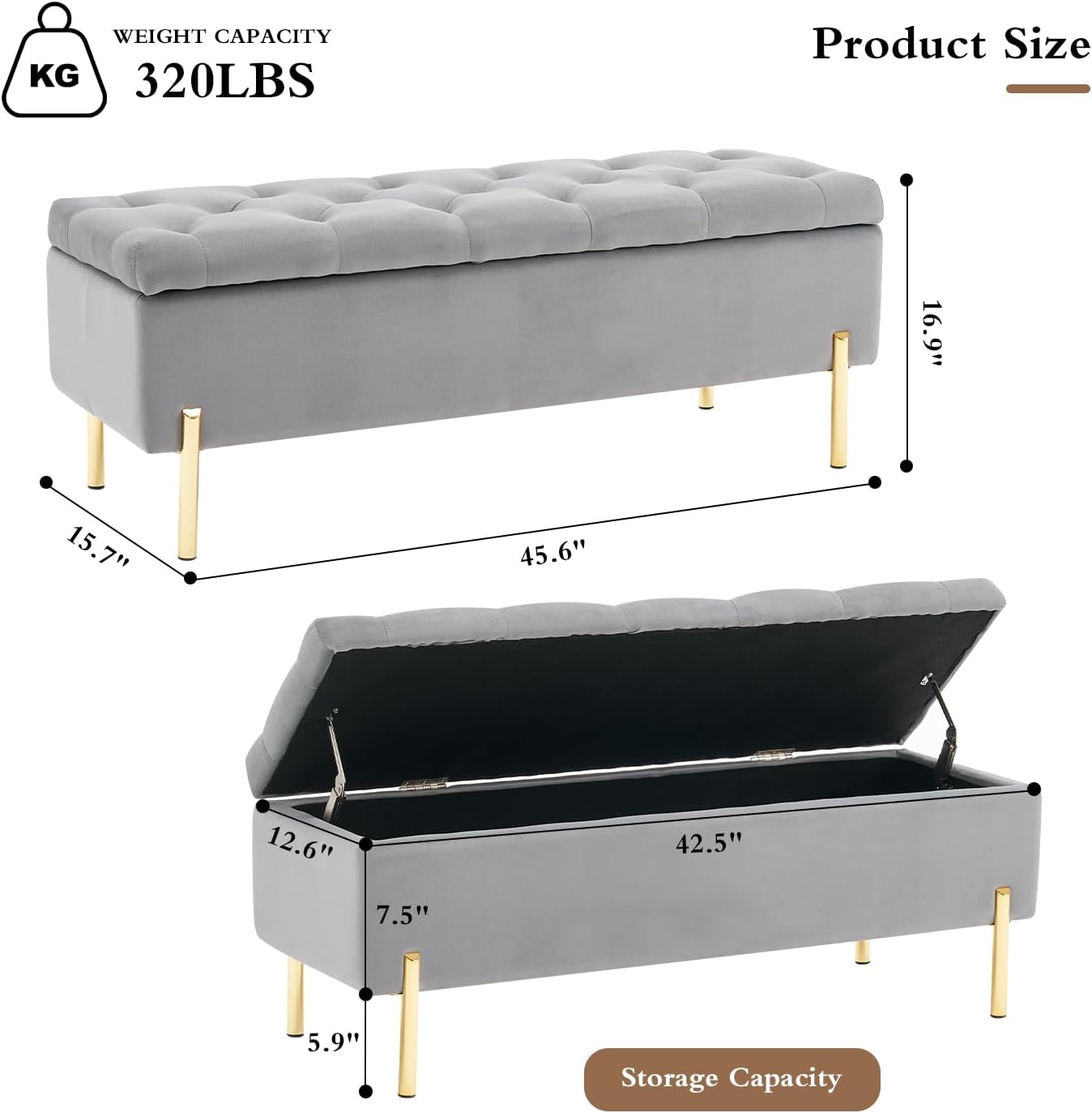 45.6 Inch Velvet Storage Bench, Tufted Upholstered Ottoman with Storage, Bedroom Living Room Entryway Rectangular Accent Bench, Grey