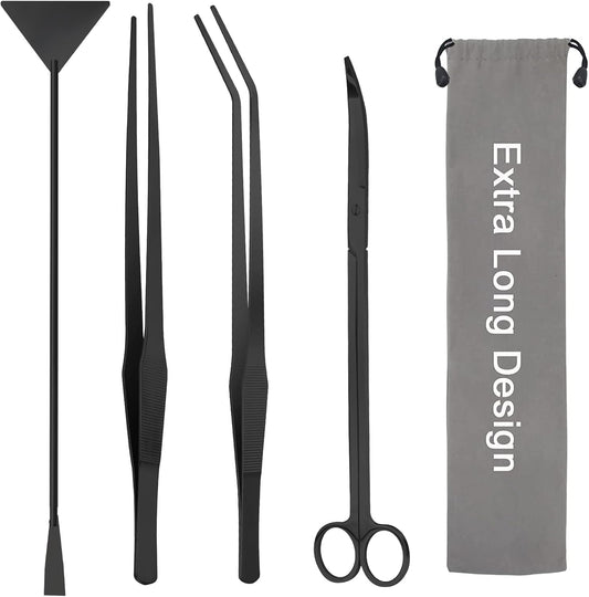 Aquarium Aquascape Tools Kit 15in, 4 in 1 Anti-Rust Aquatic Plant Aquascaping Tool Stainless Steel Tweezer Scissor Spatula for Aquarium Tank Clean Fish Tank Aquascape Accessories Set (black)