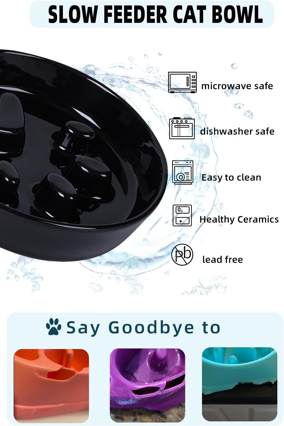 Slow Feeder Cat Bowls, Ceramic Fun Slow Eater Bowl for Cats (Black)