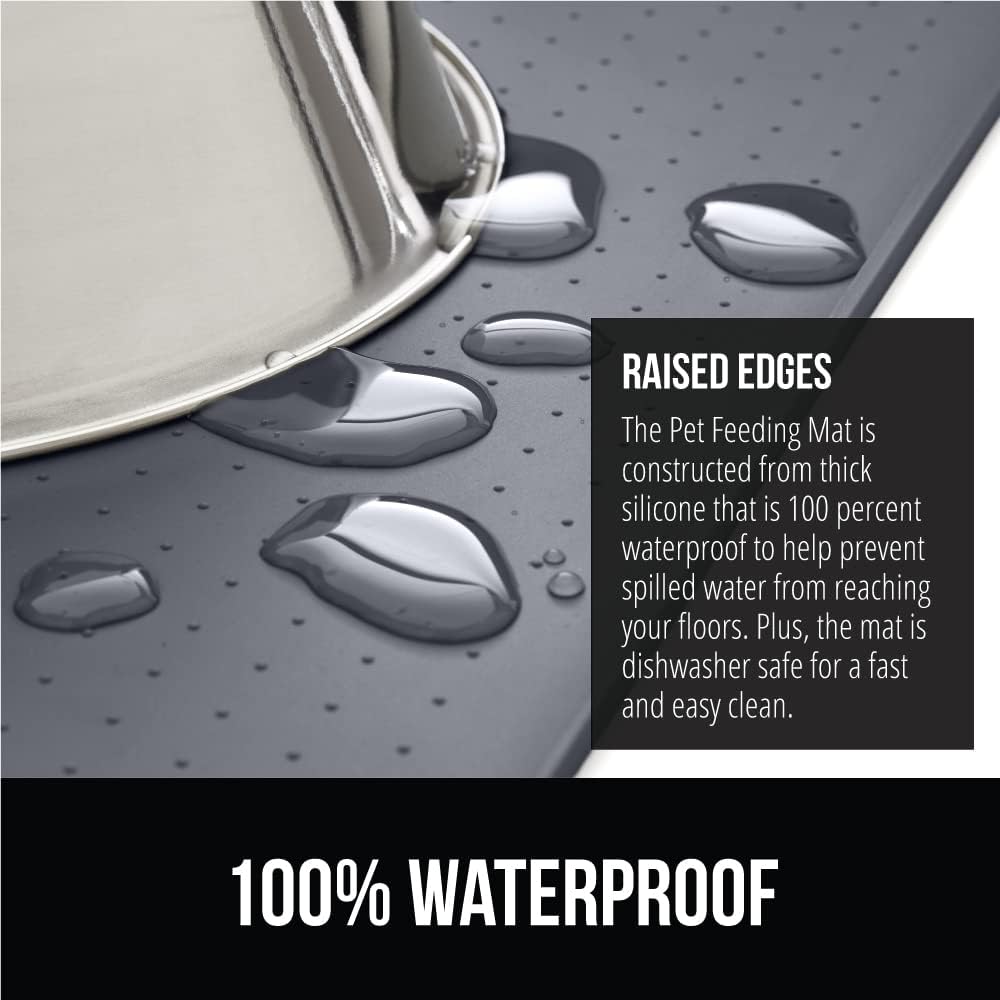 GORILLA GRIP 100% Waterproof Raised Edge BPA Free Silicone Pet Feeding Mat, Dog Cat Food Mats Contain Spills Protects Floors, Placemats for Cats and Dogs Water Bowl, Pets Accessories 18.5x11.5 Gray