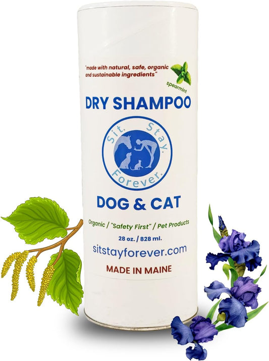 Sit. Stay. Forever. Dry Shampoo for Dogs & Cats – Organic Dry Bath Powder, Talco para Perros, Hypoallergenic, Odor Control for Smelly Dogs, No-Rinse, Anti-Itch, Safe & Natural, Made in The USA, 28 oz