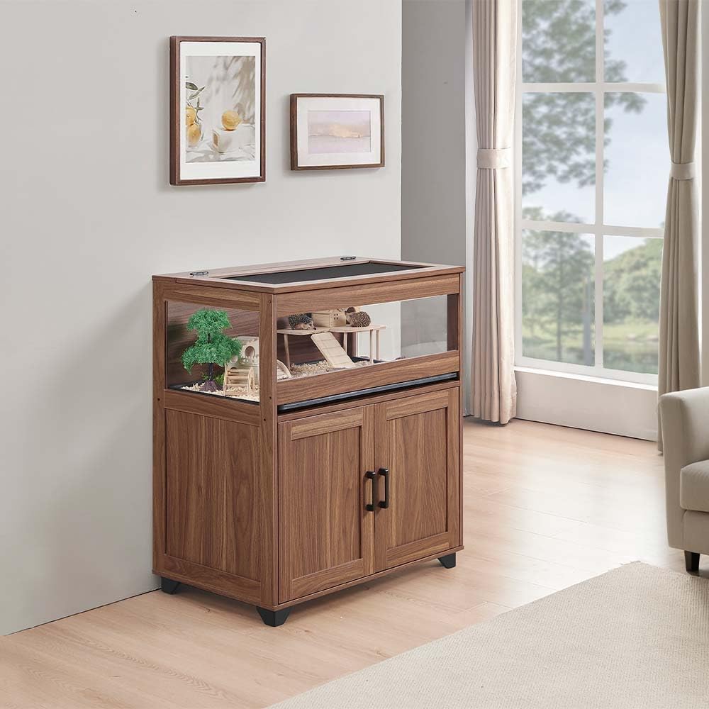 unipaws Hedgehog Cage with Storage Cabinet, Hamster Cage for Rat and Guinea Pigs, Clear Transparent PVC Visual Small Animal Cage with Tray, Hamster Enclosure, Walnut