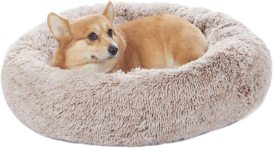 Bedfolks Calming Donut Dog Bed - 30" Round Plush for Medium Dogs, Anti-Anxiety, Machine Washable (Brown, Medium)
