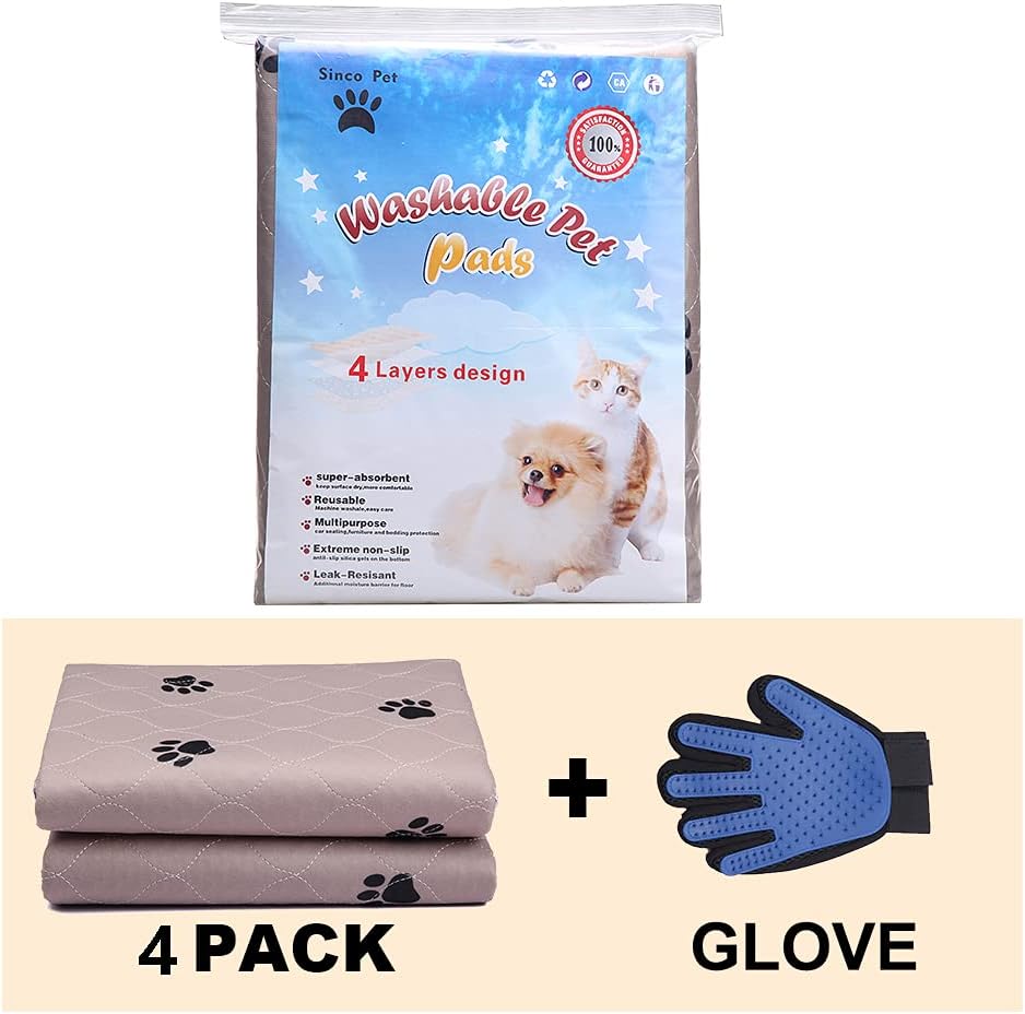 SincoPet Washable Dog Pee Pads with Puppy Grooming Gloves,Puppy Pads,Reusable Pet Training Pads,Large ,Waterproof Pet Pads for Dog Bed Mat,Super Absorbing Whelping Pads,24x36 Inch (Pack of 4)
