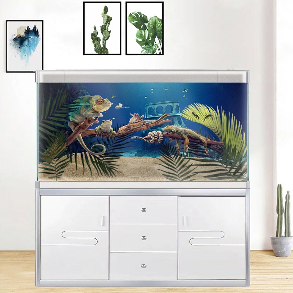 48X24IN Natural Underwater Aquarium Background, Pictures 3D Fish Reef Fish Tank Decoration Background, with 8 EVA Double-Sided Tape