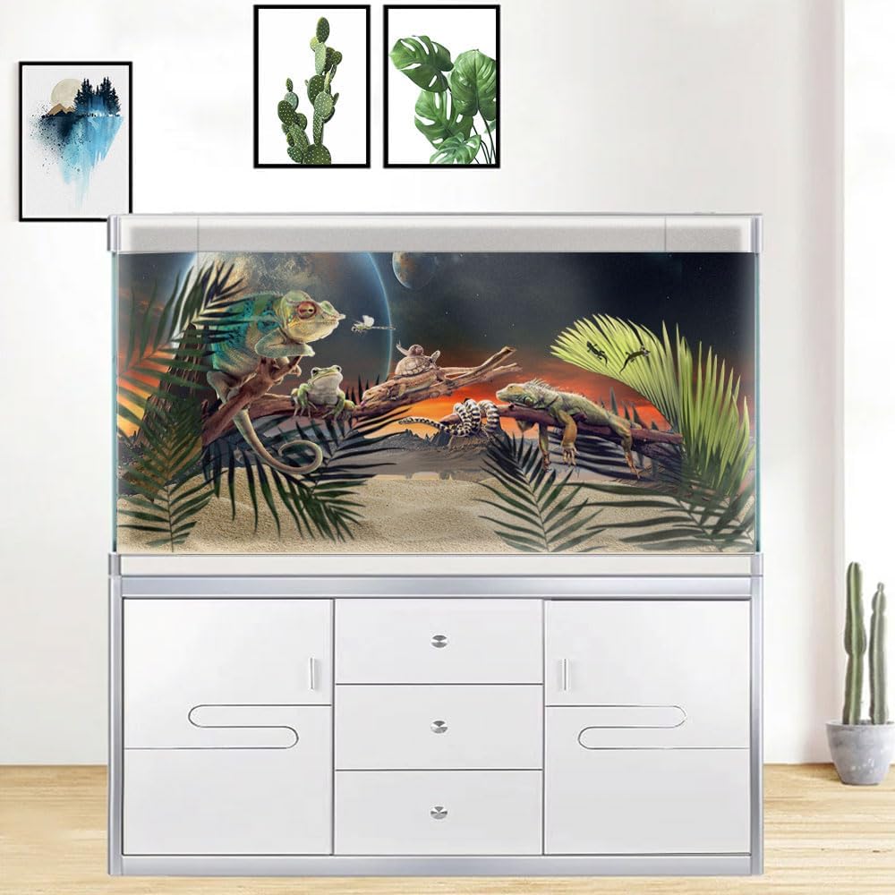 48X20IN Cosmic Aquarium Background, Cool Parallel Space Themed Fish Tank Background, Tropical Desert Terrarium Background with 8 EVA Double-Sided Tape