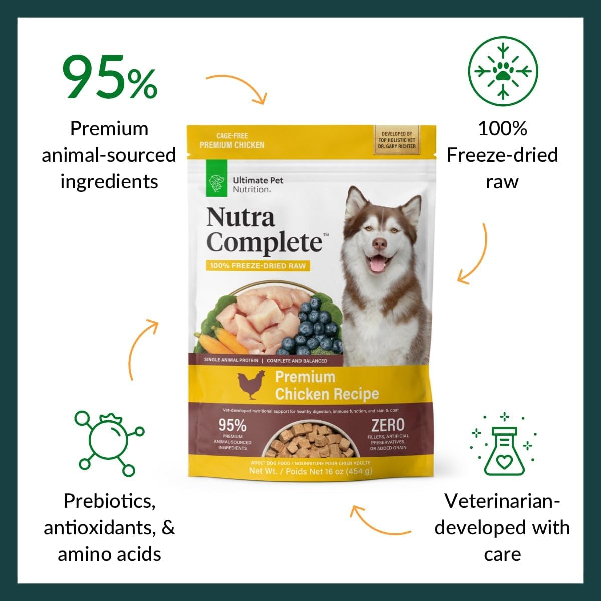 ULTIMATE PET NUTRITION Nutra Complete Freeze Dried Raw Dog Food, Veterinarian Formulated with Antioxidants, Prebiotics & Amino Acids (1 Pound, Chicken)