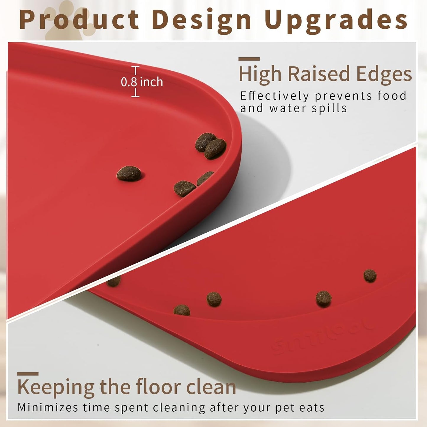 Silicone Pet Feeding Mat with Raised Edge & Residue Collection Pocket for Food and Water, Dog Bowl Mats, Cat Bowls Placemat with High Lip for Floor Waterproof, 22 x 14 x 0.8 Red