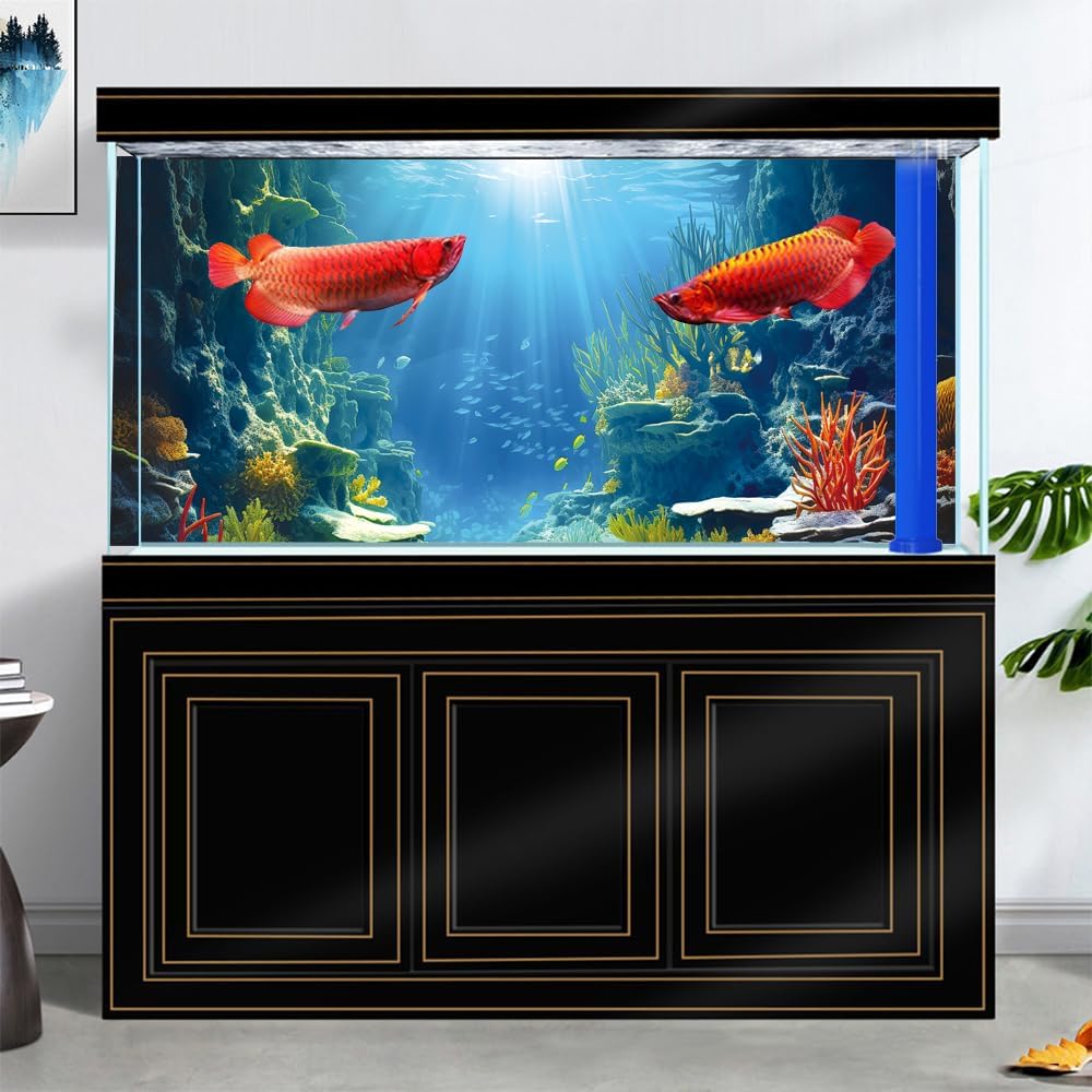 72X18IN Blue Sea Floor Aquarium Background, Natural Underwater World 3D Effect Fish Tank Decorations Background, Art Terrarium Background with 8 EVA Double-Sided Tape