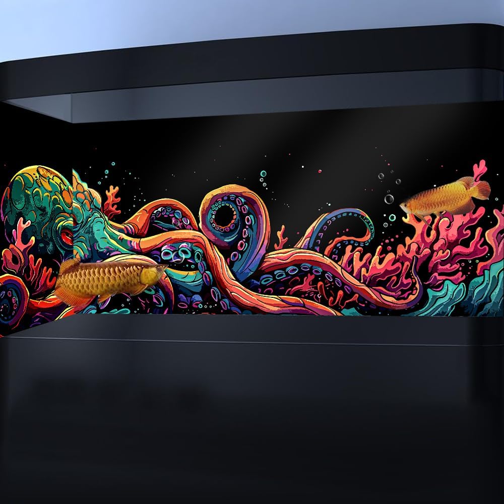 72X24IN Blacklight Octopus Sea Monster HD 3D Black Light Aquarium Background UV Reactive Background Terrarium Background with 10 EVA Double-Sided Tape