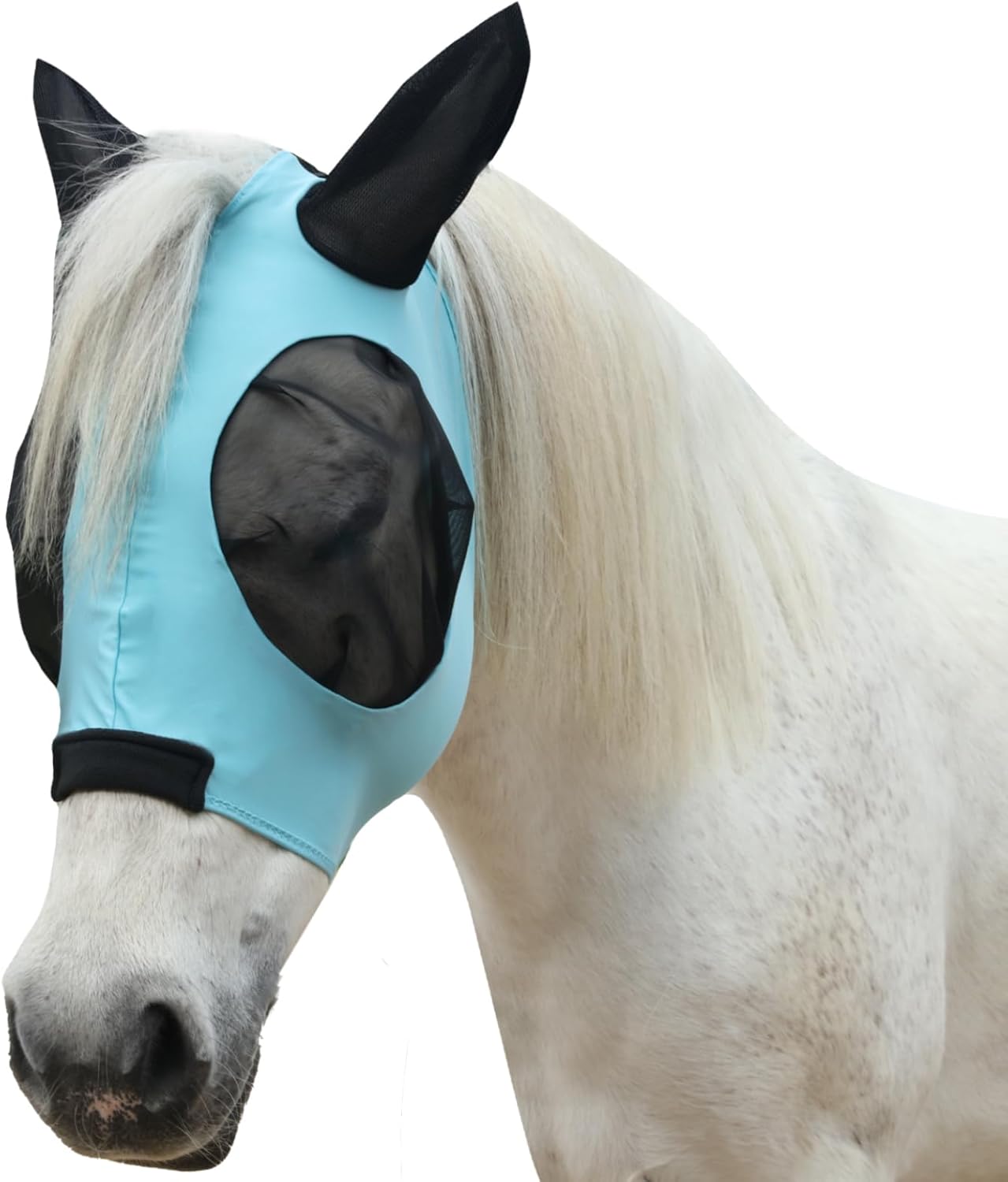 Horse Fly Mask with Ears - Large Eye Space for Full Vision, Breathable Stretch Comfort Fit, UV Protection, Forelock Opening, Easy Pull-On Paleblue Full