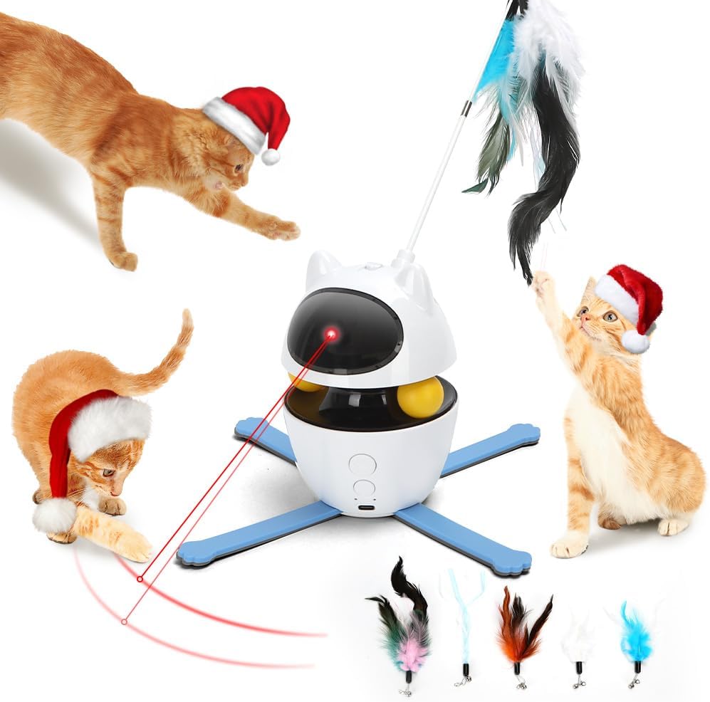 Nobleza 3-in-1 Cat Laser Toy with Feather Trackball, Rechargeable Pet Interactive Pointer Red Light Game, 3 Modes Random Trajectory Motion Activated Boredom Buster for Cat Self Play Home Indoor