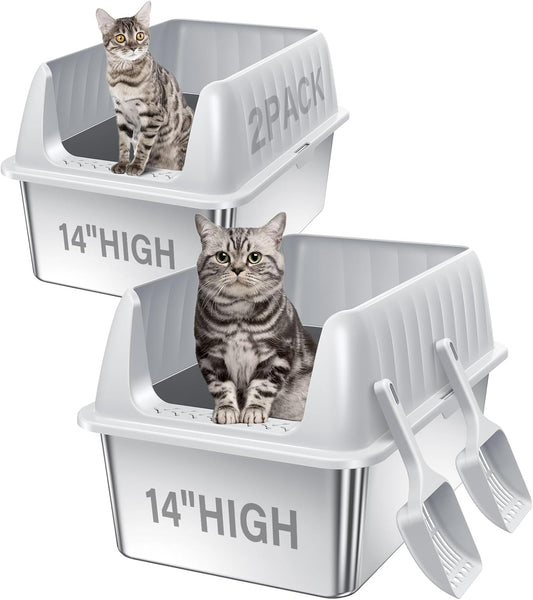 Cat Litter Box Stainless Steel XL with Lid, Enclosed Metal Extra Large Litter Box Pan High Sided with Scoop for Big Cats, Non-Sticky, Anti-Urine Leakage, Easy Cleaning