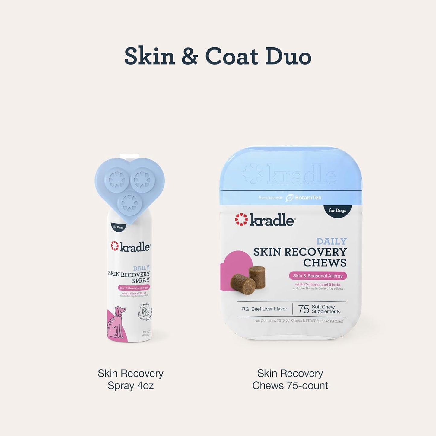 Kradle Skin Recovery Chews for Dogs - Biotin Collagen Zinc + Anti-Itch Spray - Soothes Environmental Skin Irritation - 75 Chews + 4oz Spray