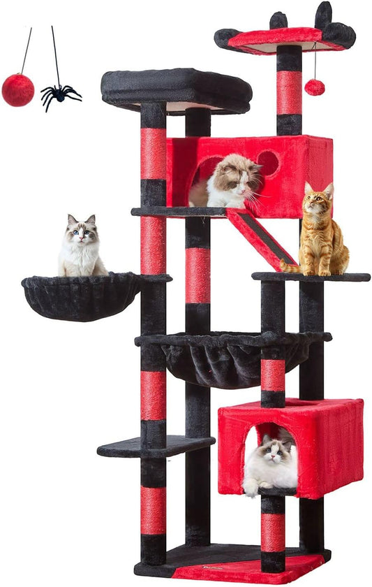 Taoqimiao Gothic Cat Tree 71-Inch, Cat Tower for Indoor Cats Large Adult, Large Cat Condo, 8 Sisal Scratching Posts, Metal Frame Cozy Hammock, Scratch Board, 2 Perches, Black and Red MS026LBR
