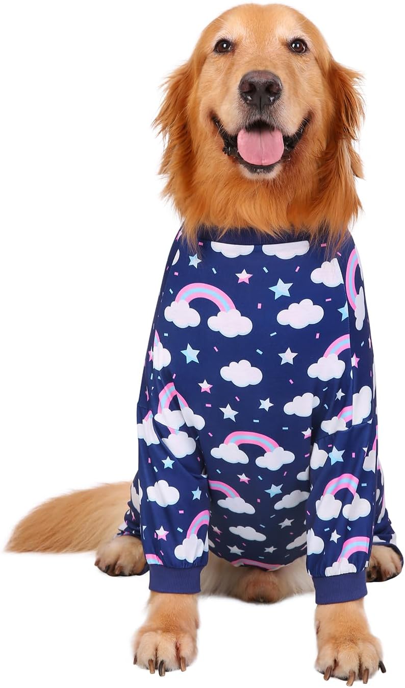 HDE Dog Pajamas One Piece Jammies Jumpsuit Pet Clothes Outfit Stretchy Lightweight Comfy Shirt Pjs for M-3XL Dogs Rainbows - XL
