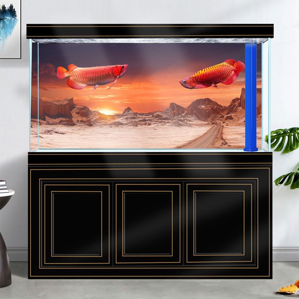 72X16IN Sun and Desert Moon Themed Reptile Habitat on Orange Durable Decorative Background, Terrarium Background with 10EVA Double-Sided Tape