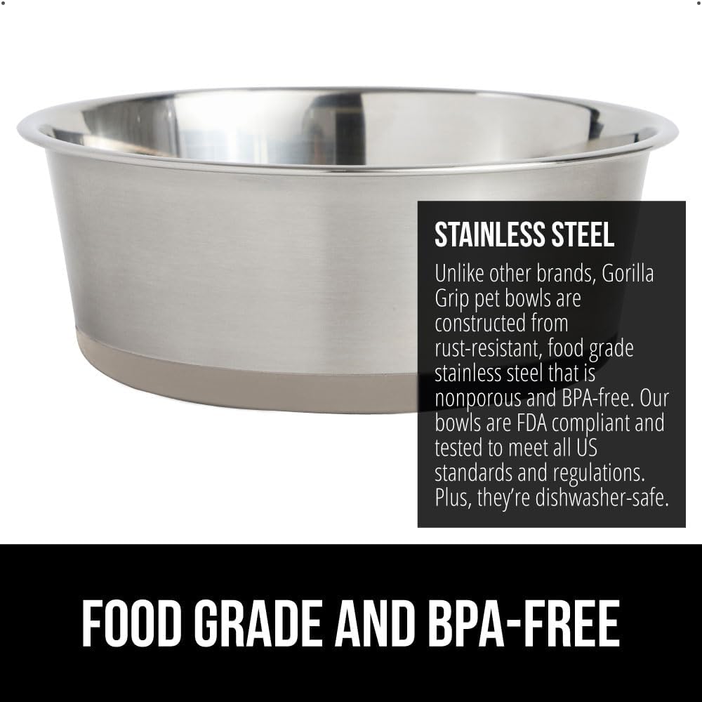 GORILLA GRIP Set of 2 Dog Bowls, Heavy Duty Metal Food and Water Bowl for Feeding Dogs and Cats, Dishwasher Safe, Rust Resistant Stainless Steel, BPA Free Rubber Base, Holds 2 Cups (16 fl oz), Beige