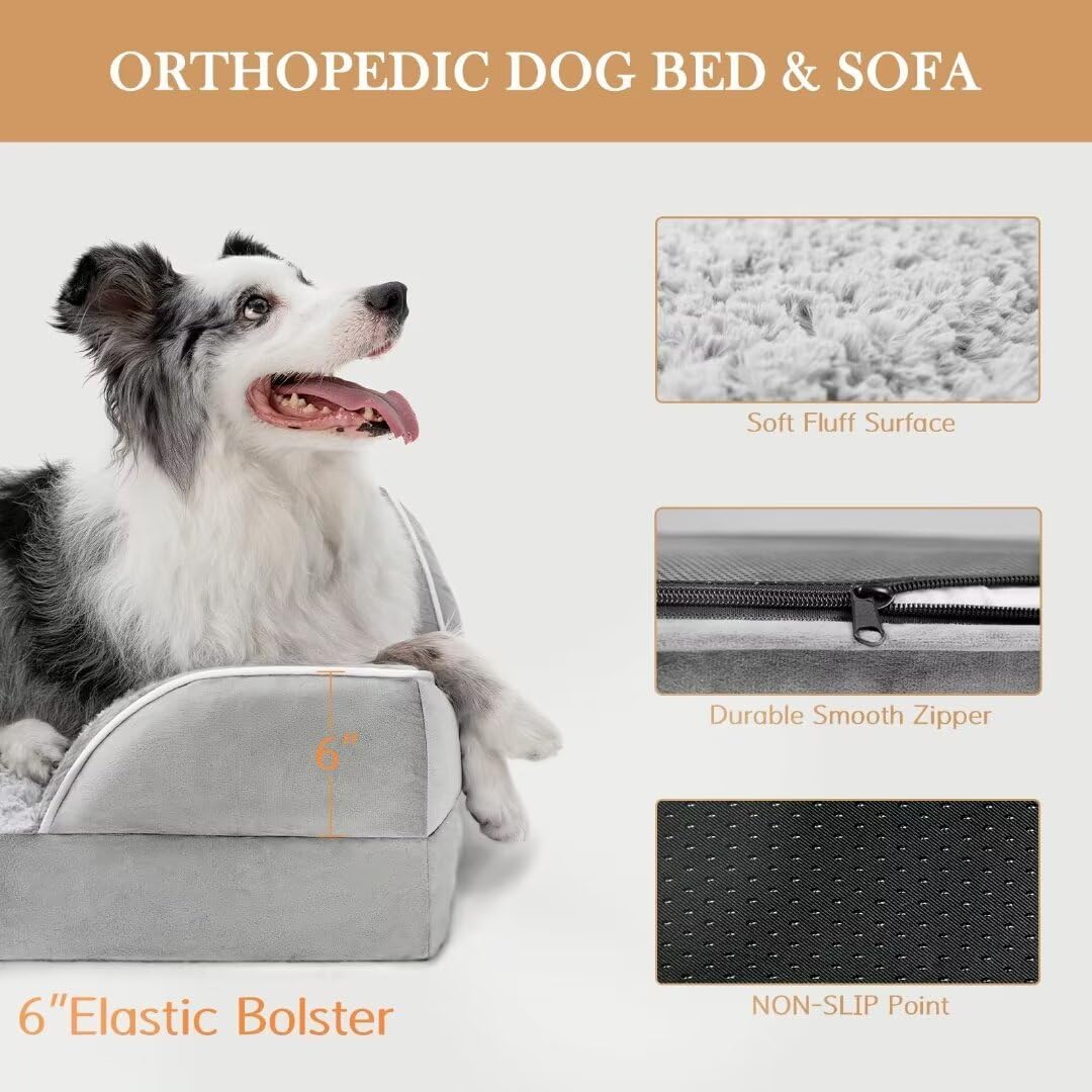 Comfort Expression XXL Orthopedic Foam Dog Bed for Extra Large Dogs, Waterproof Orthopedic Dog Beds, Washable Dogs Sofa Beds with Removable Cover & Non-Slip Bottom(XX-Large,Grey White)