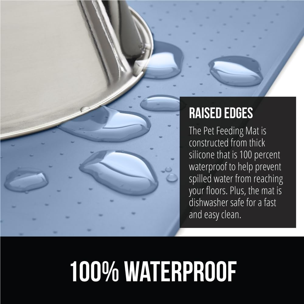 GORILLA GRIP 100% Waterproof Raised Edge BPA Free Silicone Pet Feeding Mat, Dog Cat Food Mats Contain Spills Protects Floors, Placemats for Cats and Dogs Water Bowl, Pets Accessories 18.5x11.5 Blue