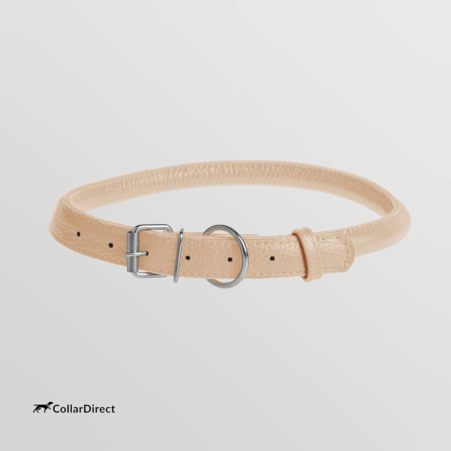 CollarDirect Rolled Leather Dog Collar, Soft Padded Round Puppy Collar, Handmade Genuine Leather Collar Dog Small Large Cat Collars 13 Colors (11-14 Inch, Beige Textured)
