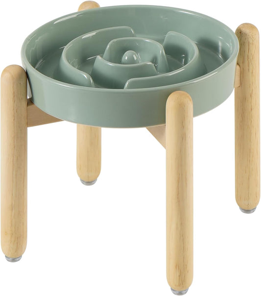 7.3inch Ceramic Raised Slow Feeder Dog Bowl Set, Elevated Wooden Stand for Medium and Small Dog, Puzzle Slow Dish, Preventing Choking(Light Green, Single Bowl+ Stand)