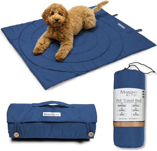Portable Dog Mat - Waterproof & Foldable Pet Bed - Ideal for Indoor, Outdoor, Cafes, Travel, Camping, Grooming & Training - 39"x30" - Includes Carry Bag - Durable, Washable & Lightweight - Blue