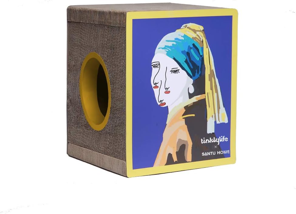 Cat Scratcher Cardboard, Girl with a Pearl Earring Shape Adaptation Spoof Version Cat Scratching House Bed Furniture Protector, Pink