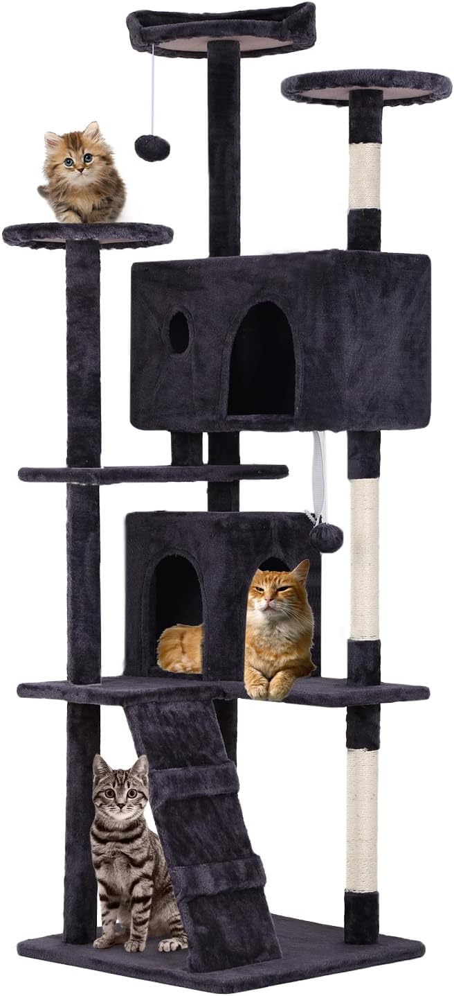 FDW Cat Tree 70in Cat Tower Multi-Level Durable Cat Scratching Post & Cozy Fun Cat Jumping Platform Space Saving Cat Condo Pet Play House for Indoor Cats,Ashy