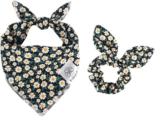 E-Clover Dog Bandanas & Matching Scrunchie Set Girl Dog Scarf Bibs with Bow Scrunchie for Small Dogs Puppy Pet Owner Gifts Flower Black