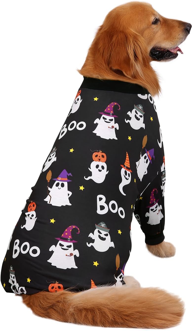 HDE Dog Pajamas One Piece Jammies Jumpsuit Pet Clothes Outfit Stretchy Lightweight Comfy Shirt Pjs for M-3XL Dogs Cute Ghosts - 2XL