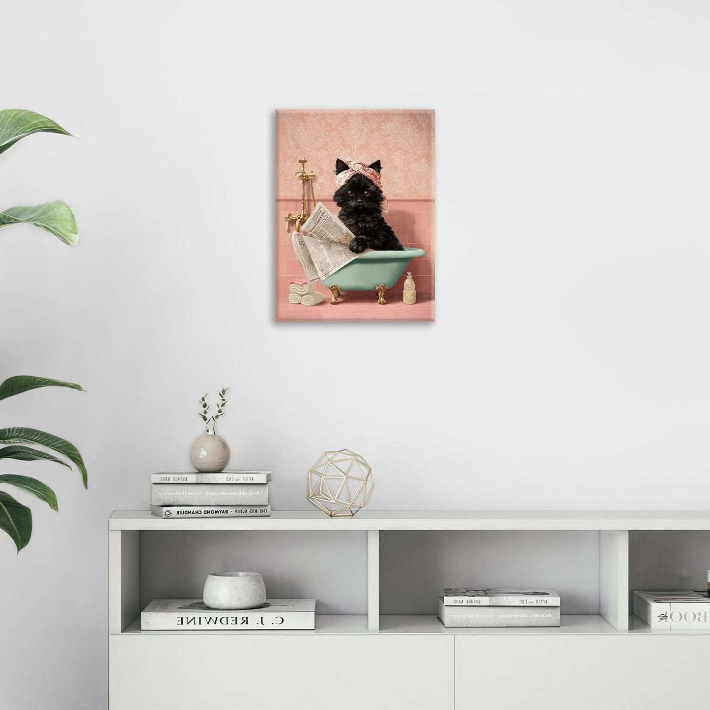 Cat Bathroom Wall Decor Black Cat Reading Newspaper in Bathtub Canvas Wall Art Funny Bathroom Pictures Kitten Painting Print Pink Artwork Framed Decorations Gifts 24"x20"