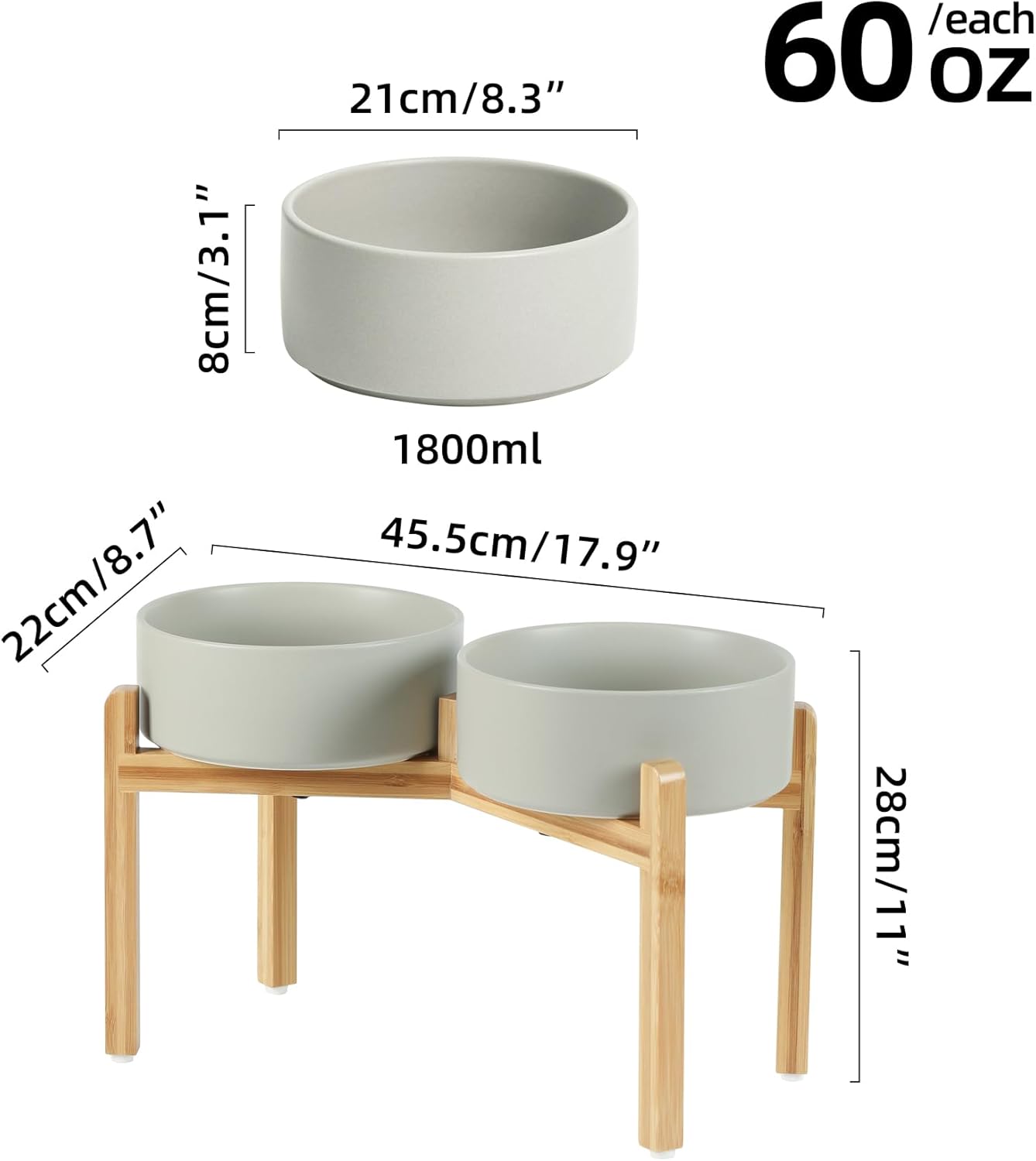 Ceramic Raised Double Bowls Set with Stand, Food & Water Bowls for Large Breed Dogs, Weighted Dog Dishes, Pet Bowl(8.2'',60OZ, Grey)
