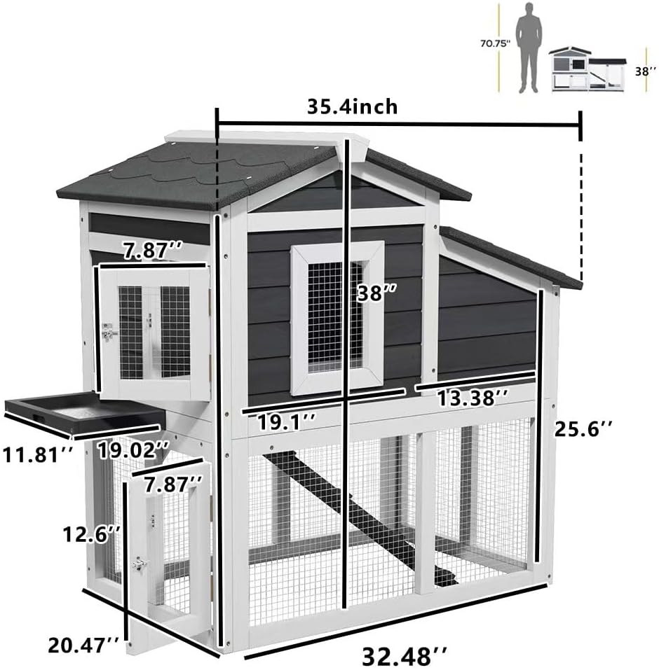 Bunny Cage Premium Rabbit Hutch with Leak-Proof Roof, 2-Story Bunny House for Guinea Pigs & Hamster,Wooden Chicken House with Deep Pull-Out Tray, Waterproof Chicken Coop for Outside (Grey)