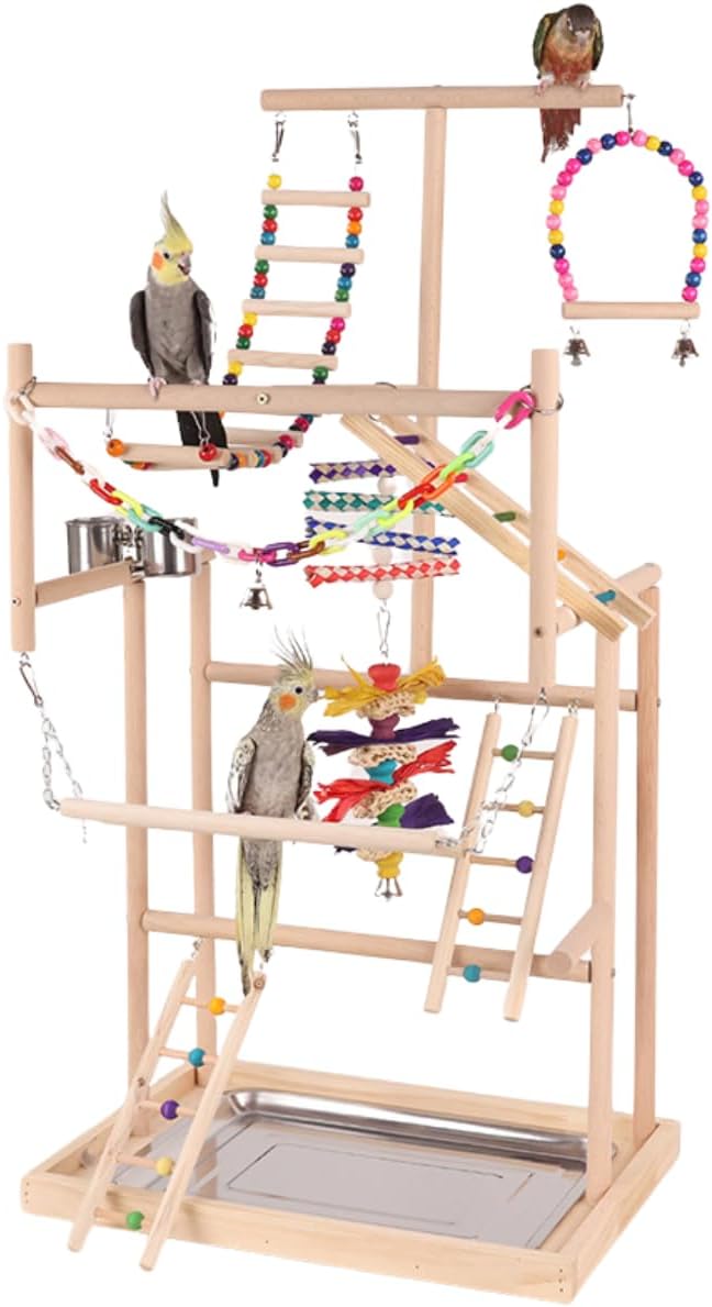 Bird Playstand Parrot Playground Wood Play Stand Gym Perch 4 Ladder Playgym with Exercise Toys Swings Feeder Cups Chewing Toys for Cockatoos Lovebirds Playgym Parakeets Cockatoo Macaw Random Color