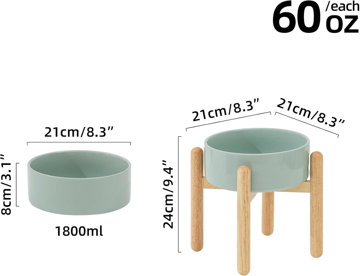 Ceramic 8.2inch Raised Dog Bowl with Stand for Large - Breed Dogs, Pet Food and Water Feeder(Single Bowl with Stand - Light Green)