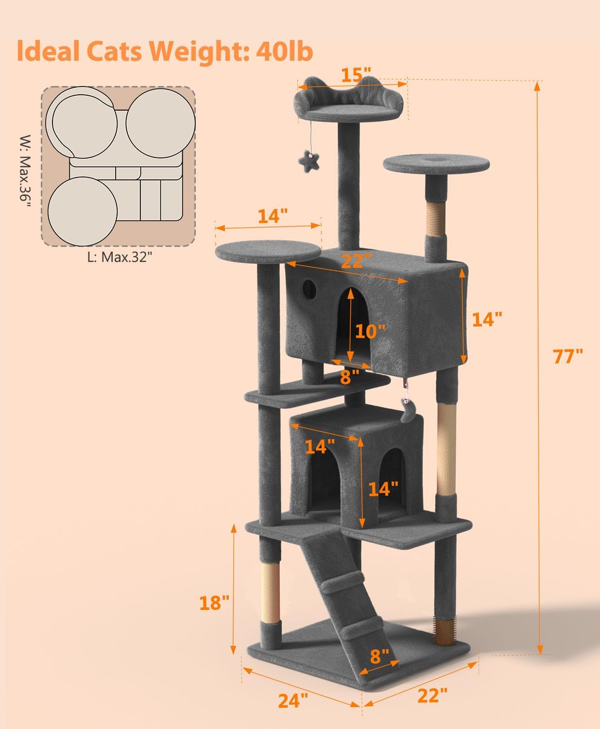 77'' Cat Tree Tower for Indoor Cats Large Adult, Cute/Tall Modern Cat Tree for Big Cats 20 lbs, Plush Multi-Level Cat Condo with Scratching Posts, Dangling Ball (Smoky Gray, 77 inch)