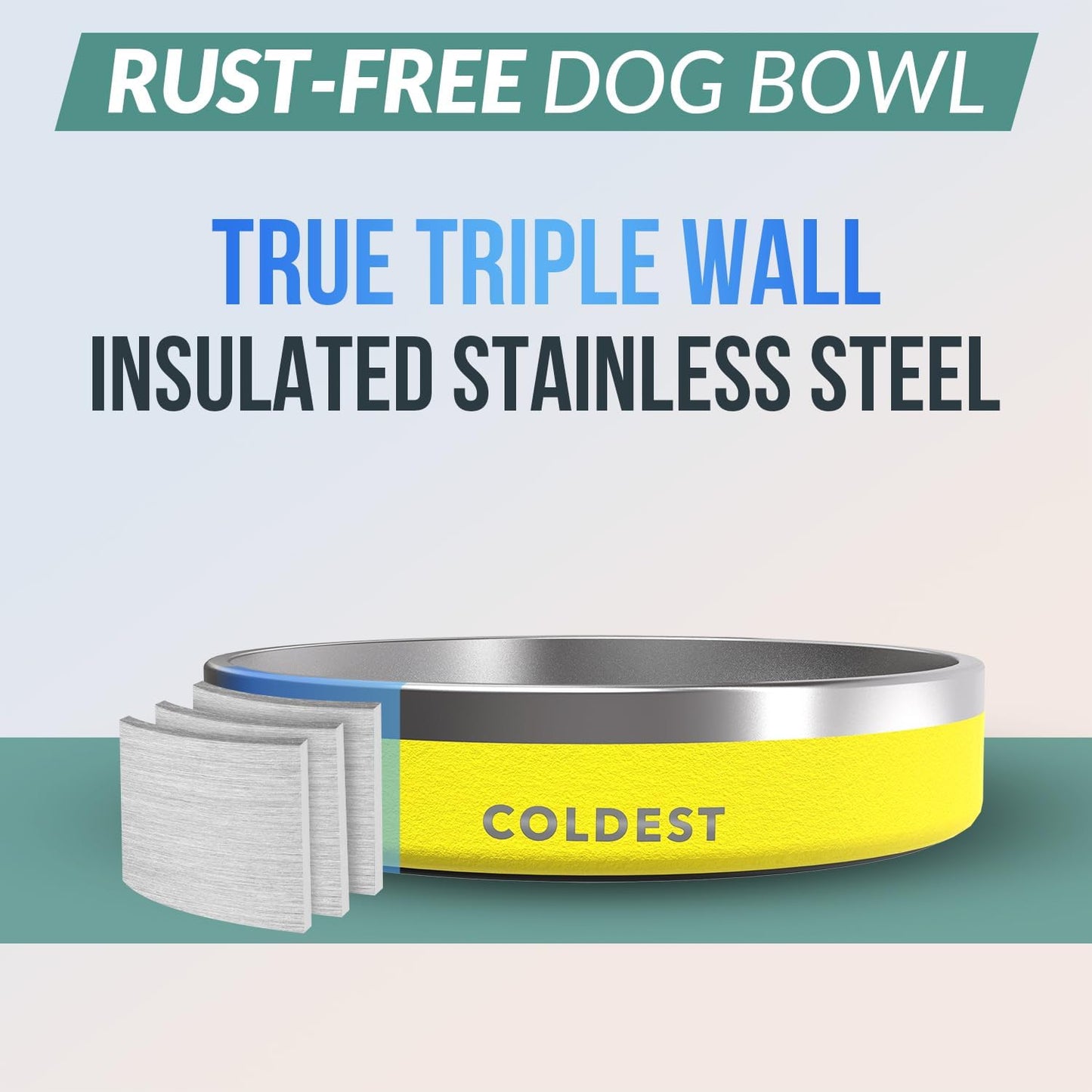 Coldest Dog Bowl - Anti Rust Metal, Non Slip, 3 Layers Insulated Stainless Steel Dog Bowls - Spill Proof & Heavy Duty - Water Bowl for Dogs, Cats & Pets, Dish Washer Safe (21 oz, Solar Yellow)