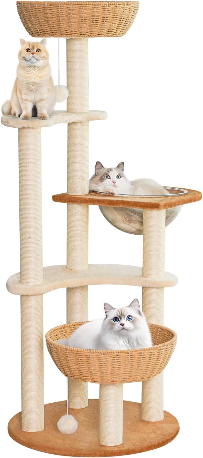 Modern Cat Tree Tower,Hand-Woven Ma Teng cat nest, Sisal-Covered Scratching Posts for Indoor Cats, Multi-Level Cat Condo with Space Capsule Nest, Tall Cat Tree for Multiple Large Cats