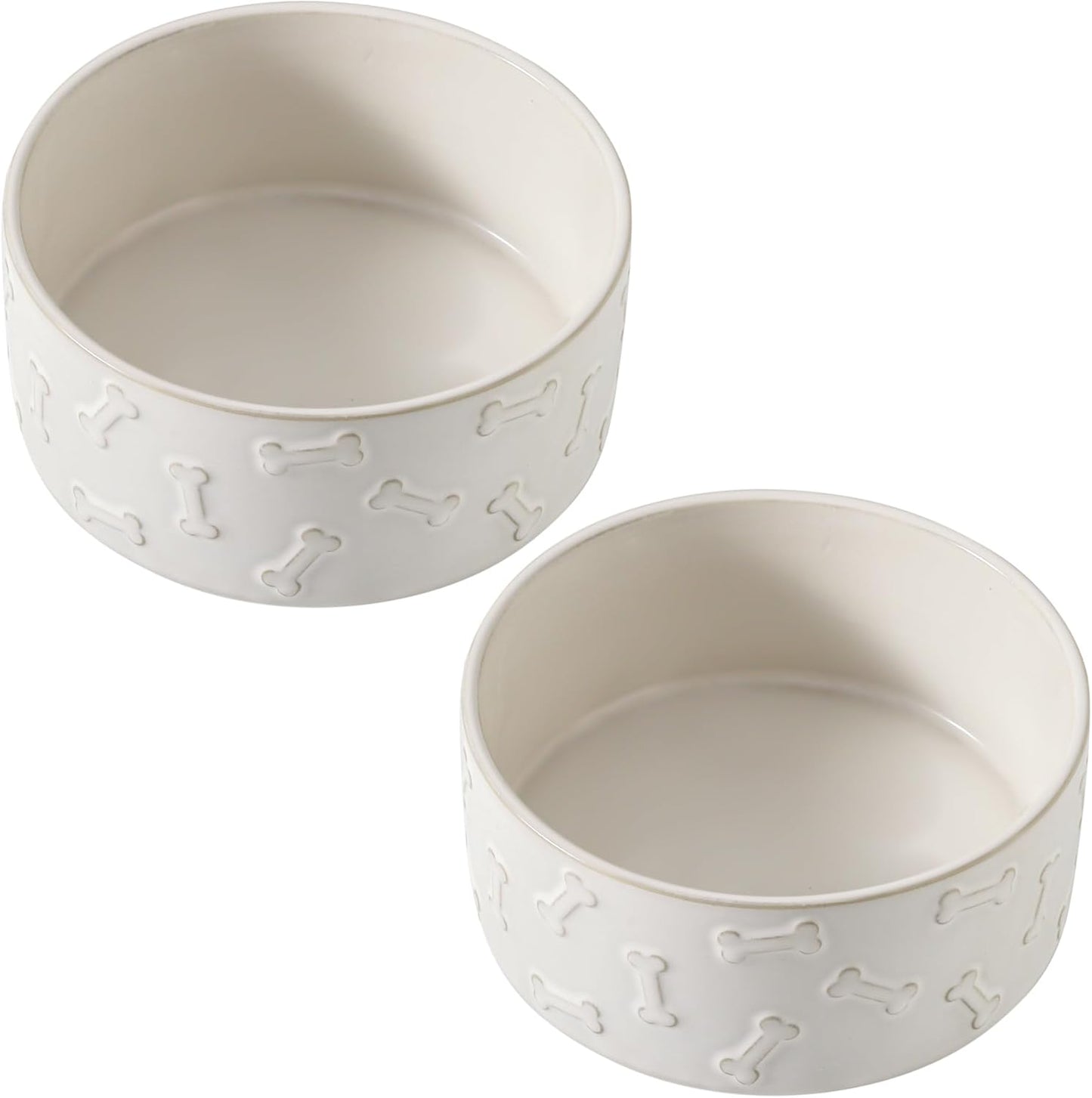UBEE Ceramic Dog Food Bowl Set of 2, 6.1 inch Dog Bowls Dish with Bone Pattern, Pet Food Water Dish Feeding for Small and Medium Dogs and Large Cat, White