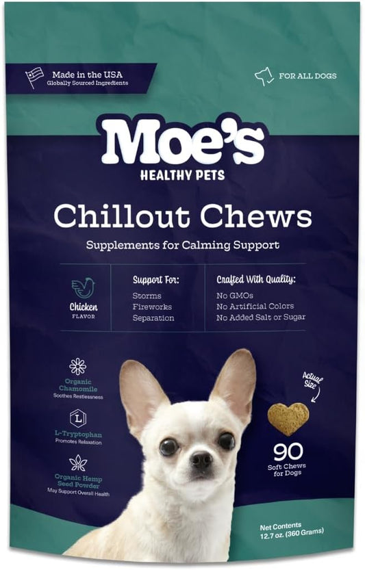 Moe’s Calming Chews for Dogs 90ct – Natural Anxiety Relief with Hemp, Chamomile, and Tryptophan – Calming Dog Treats for Separation, Fireworks, Travel and Storms (Chicken)