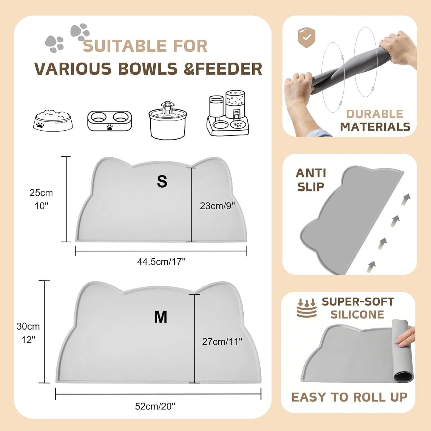 Cat Food Mat, Silicone Pet Feeding Mat for Floor Non-Slip Waterproof Dog Water Bowl Tray Cushion (17" x 10", Coral Pink)