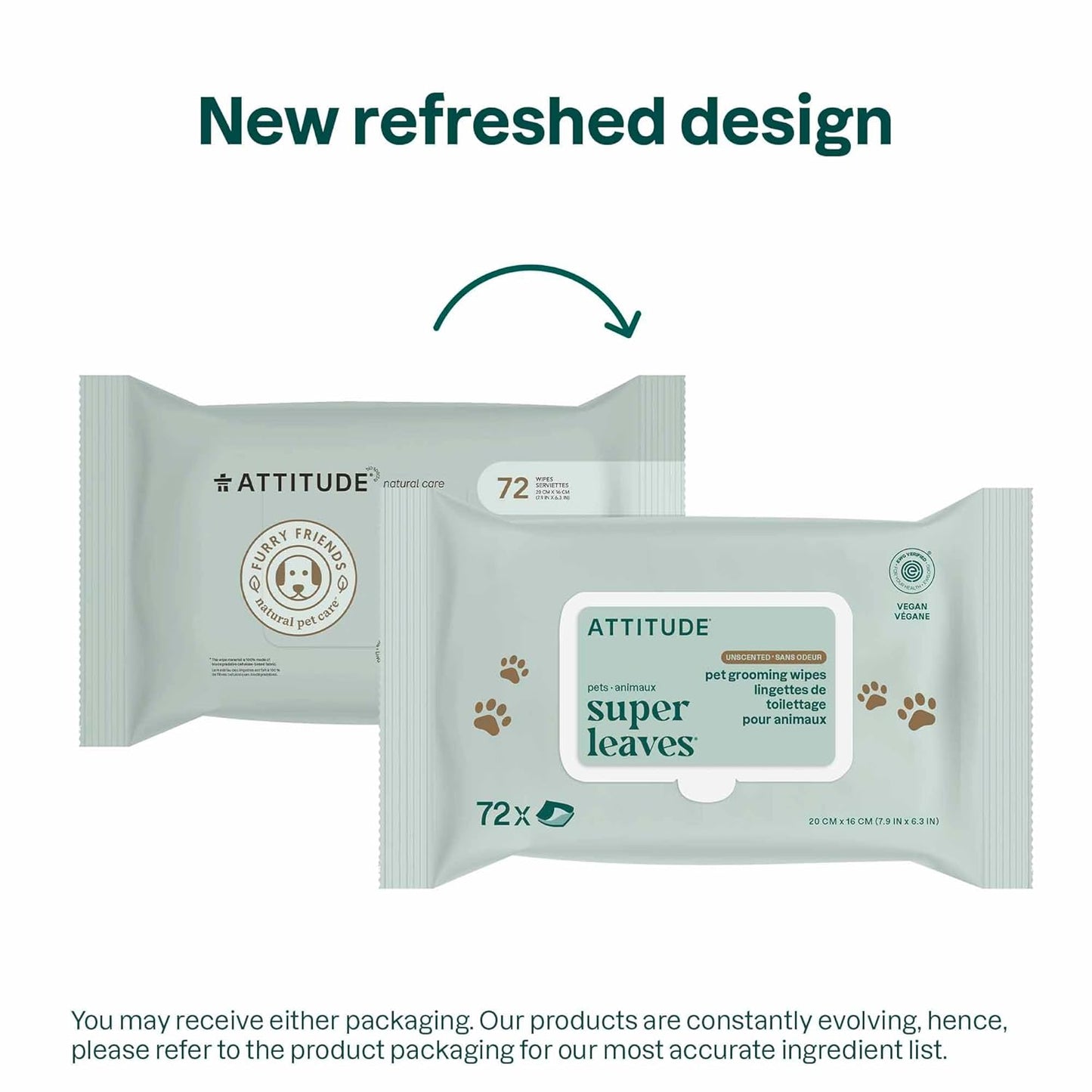 ATTITUDE Pet Wipes for Dogs & Cats, 99% Water, EWG Verified, Gentle & Unscented Cleaning Wipes for Paws, Ears, Face & Body, Deodorizing, Safe for Puppies & Kittens, 72 count