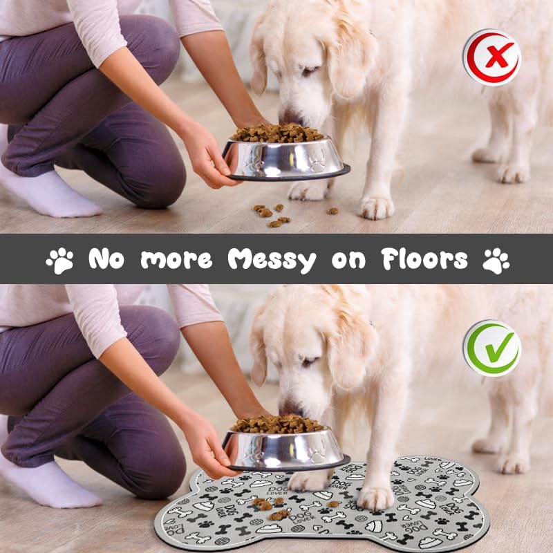 Dog Food Mats for Floors Waterproof, Pet Feeding Absorbent Water Bowl Mat Cat Placemats Gray Bone Shape 25.5 * 17 inch