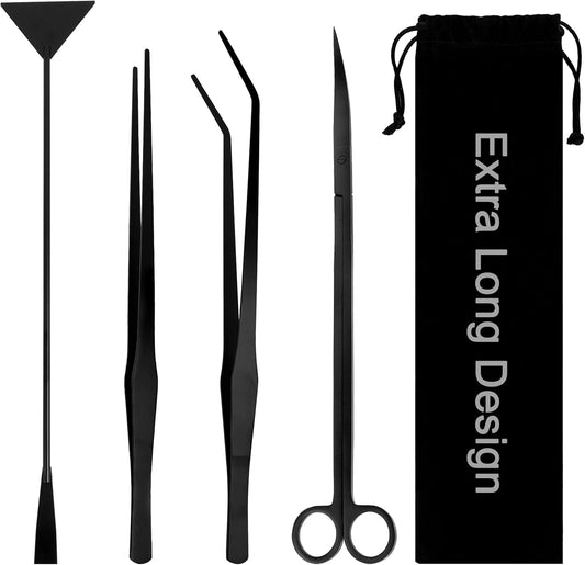 15Inch Extra Long Design Aquarium Aquascaping Tool Stainless Steel Aquascape Tools Kit 4 in 1 Anti-Rust Fish Tank Starter Kit with Long Tweezers Scissors Spatula for Aquarium Plants (Black)