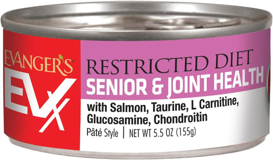 Evanger’s EVX Restricted Diet Senior and Joint Health Canned Cat Food – 24 Count, 5.5 oz Cans Each – Salmon with Taurine, L Carnitine, Glucosamine & Chondroitin – Grain Free Pâté Style