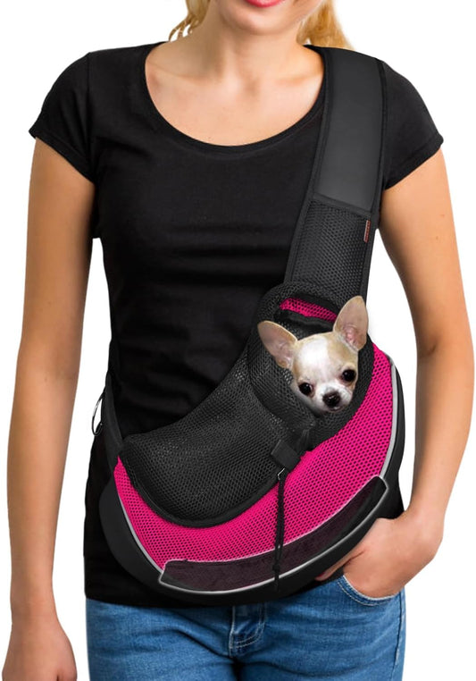 YUDODO Pet Sling Carrier for Small Dogs & Cats – Hands-Free Puppy Carrier with Safety Hook, Large Zipper Pocket, Soft Breathable Mesh, Adjustable Strap & Reflective Strip (Pink 3.0 S)
