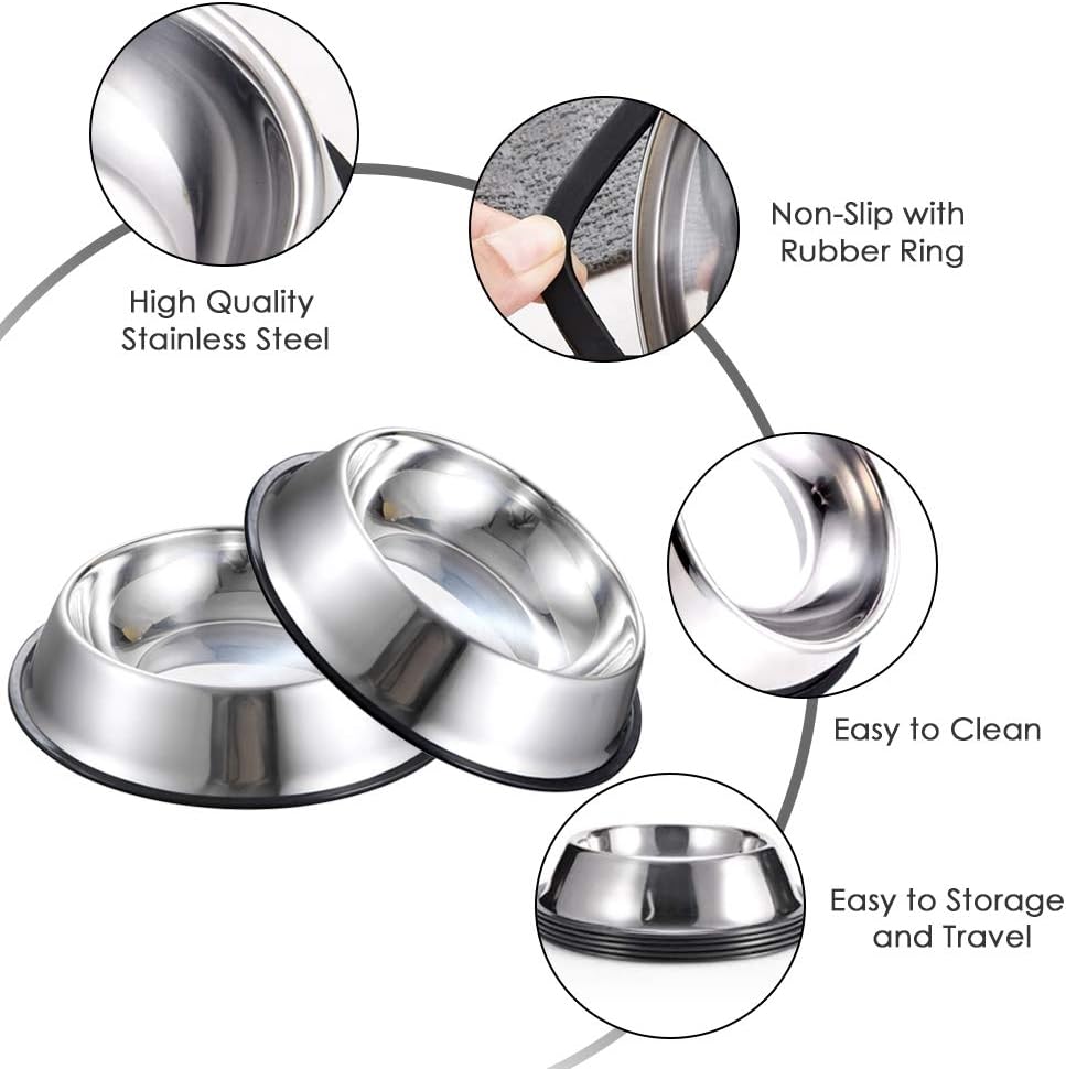 Stainless Steel Dog Bowls, 6 Cup/48oz Cat Bowl Water and Food with Rubber Base, Pet Bowls for Large Dogs and Pets, 3Pack