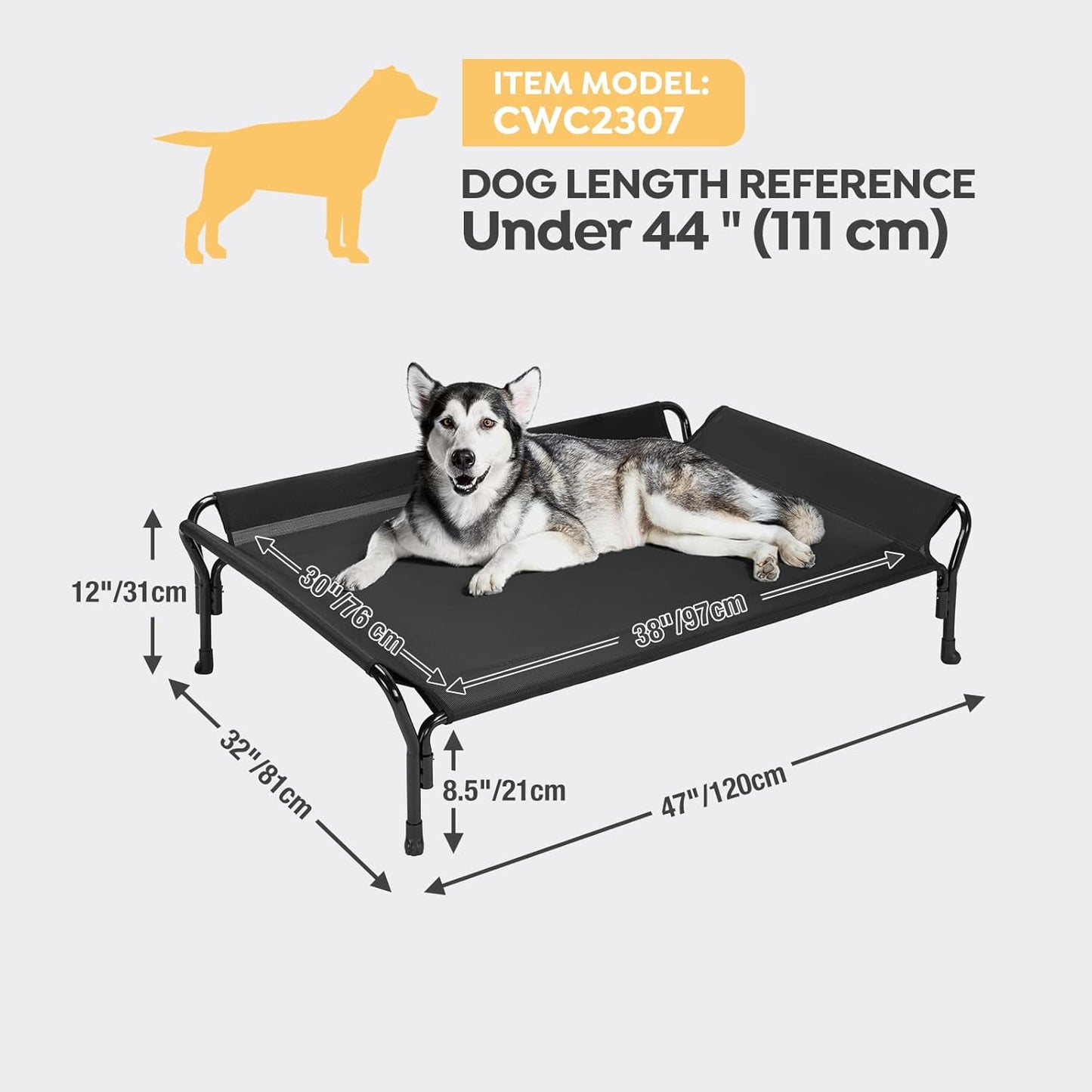 Veehoo Cooling Elevated Dog Bed, Raised Pet Cot with Guardrail & Slope Headrest, Durable & Breathable Teslin Mesh, Non-Slip Feet, Washable Dog Sofa Bed for Indoor & Outdoor, Large 47" x 32", Black