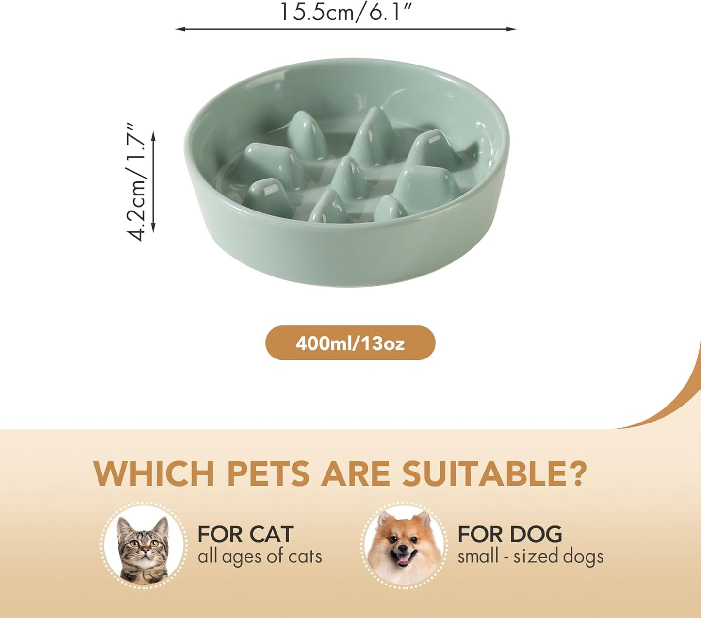6.1inch Dog Bowl Slow Feeder Ceramic, Slow Pet Food Dish for Small Dog and Cat, Stop Bloat, Preventing Choking(Single Bowl, Beige)